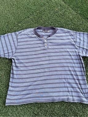 Basic Editions Blue Striped Henley Polo with Dark Contrast Collar
